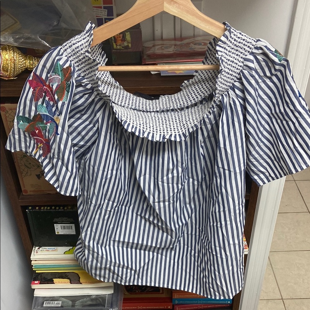 M&S Striped Off-Shoulder Top with Embroidered Floral Detail